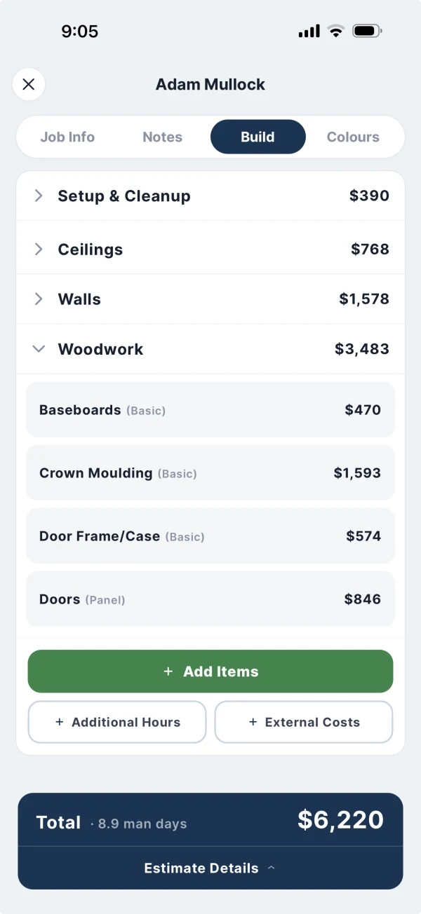 PaintBid Build screen: an interior estimate, total $6,220